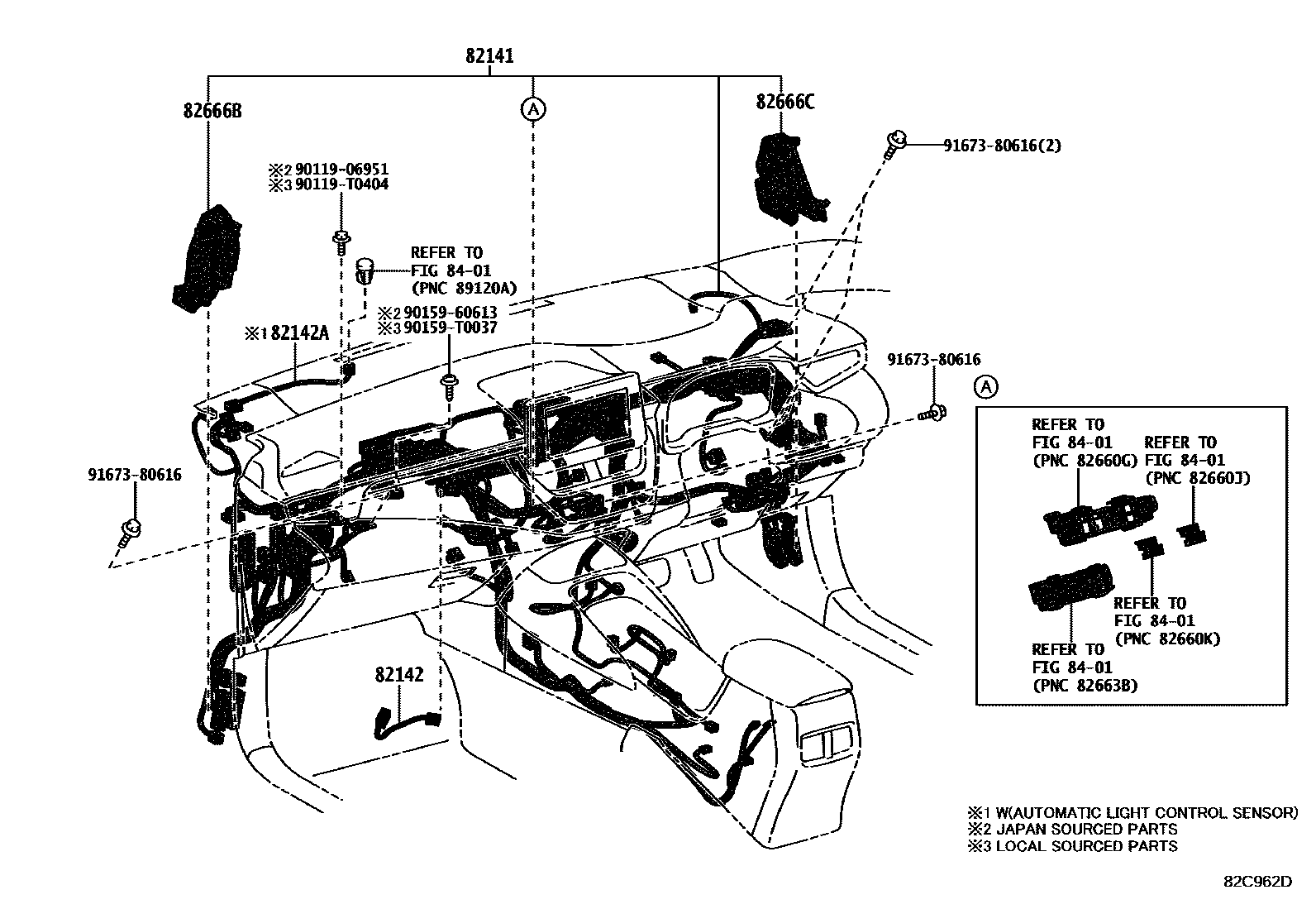 Toyota COROLLA 线束和卡夹 EPC diagram — 82C962D