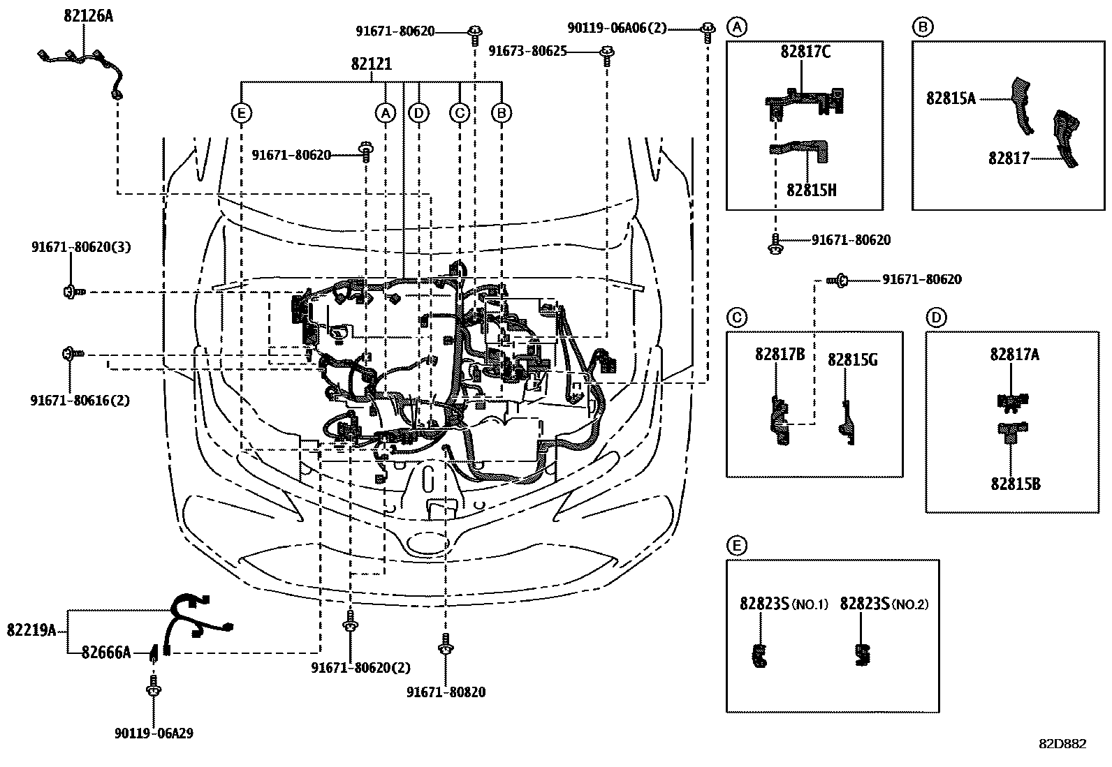 Toyota COROLLA 线束和卡夹 EPC diagram — 82D882
