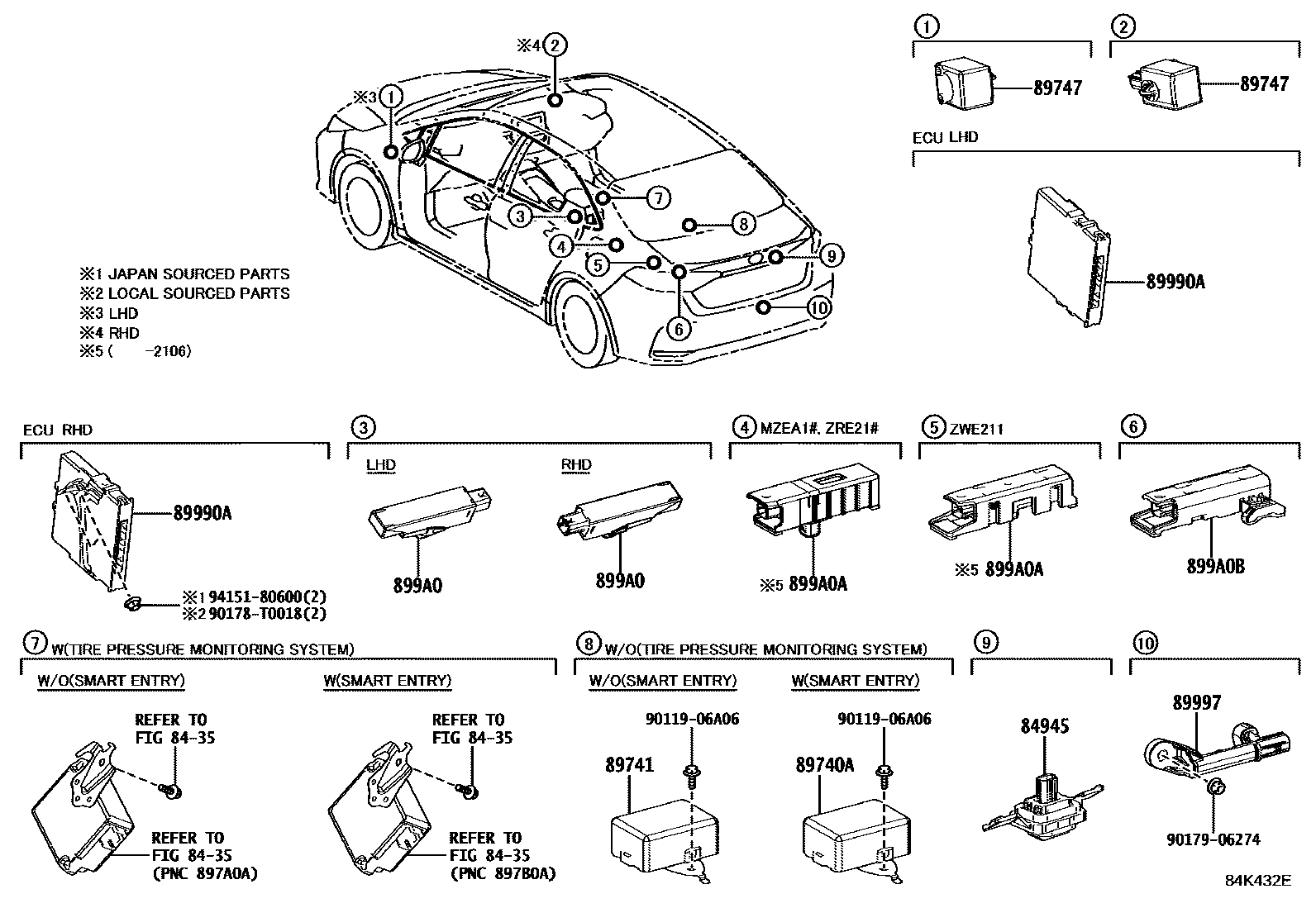 Toyota COROLLA 遥控门锁 EPC diagram — 84K432E