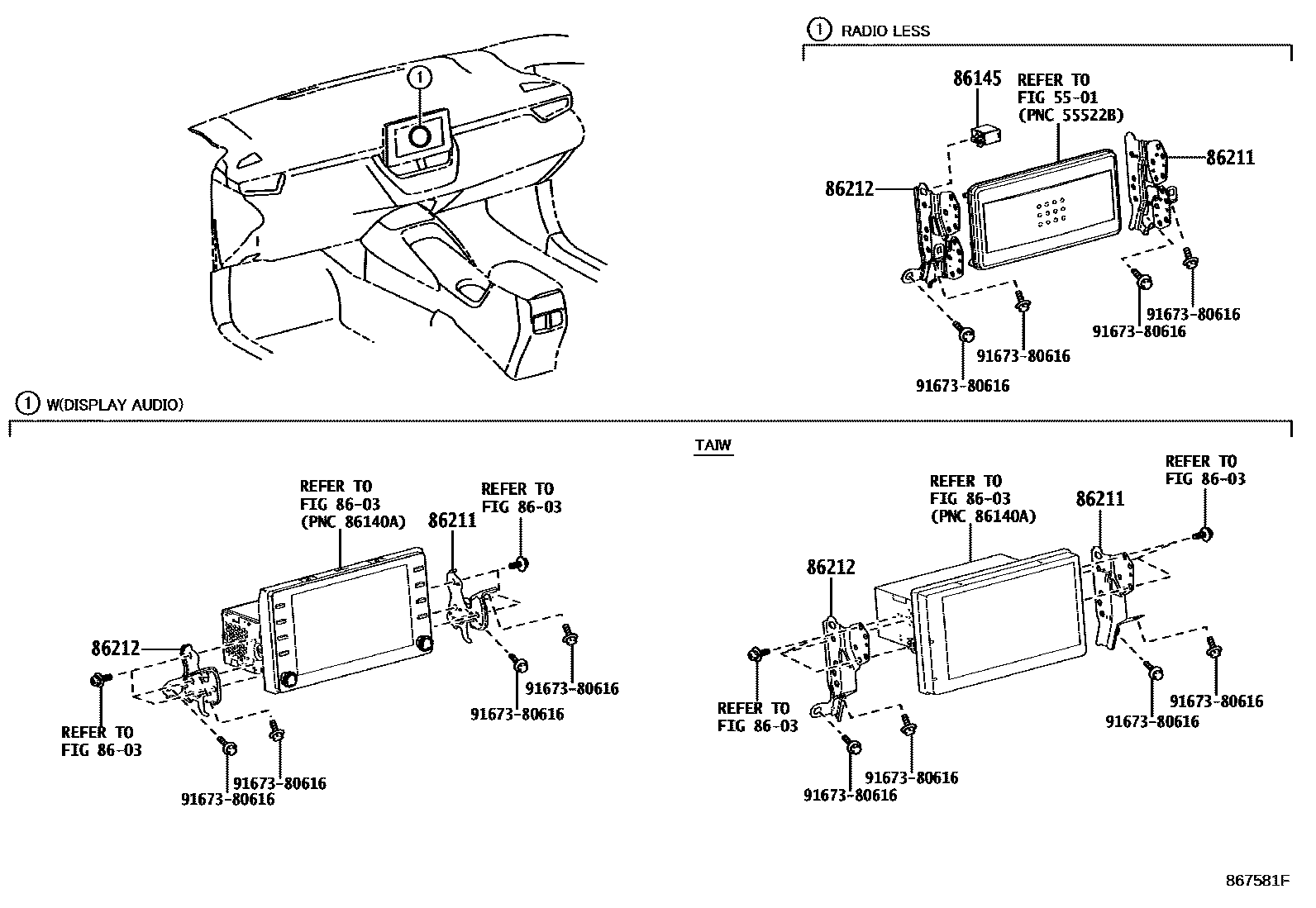 Toyota COROLLA 收音机、放大器和冷凝器 EPC diagram — 867581F