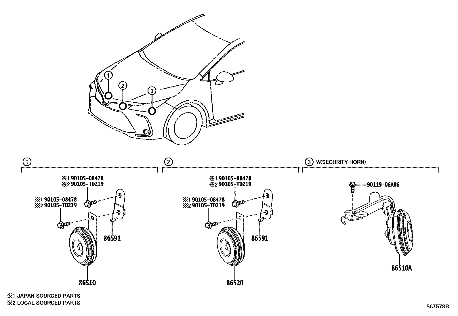 Toyota COROLLA 喇叭 EPC diagram — 867578B