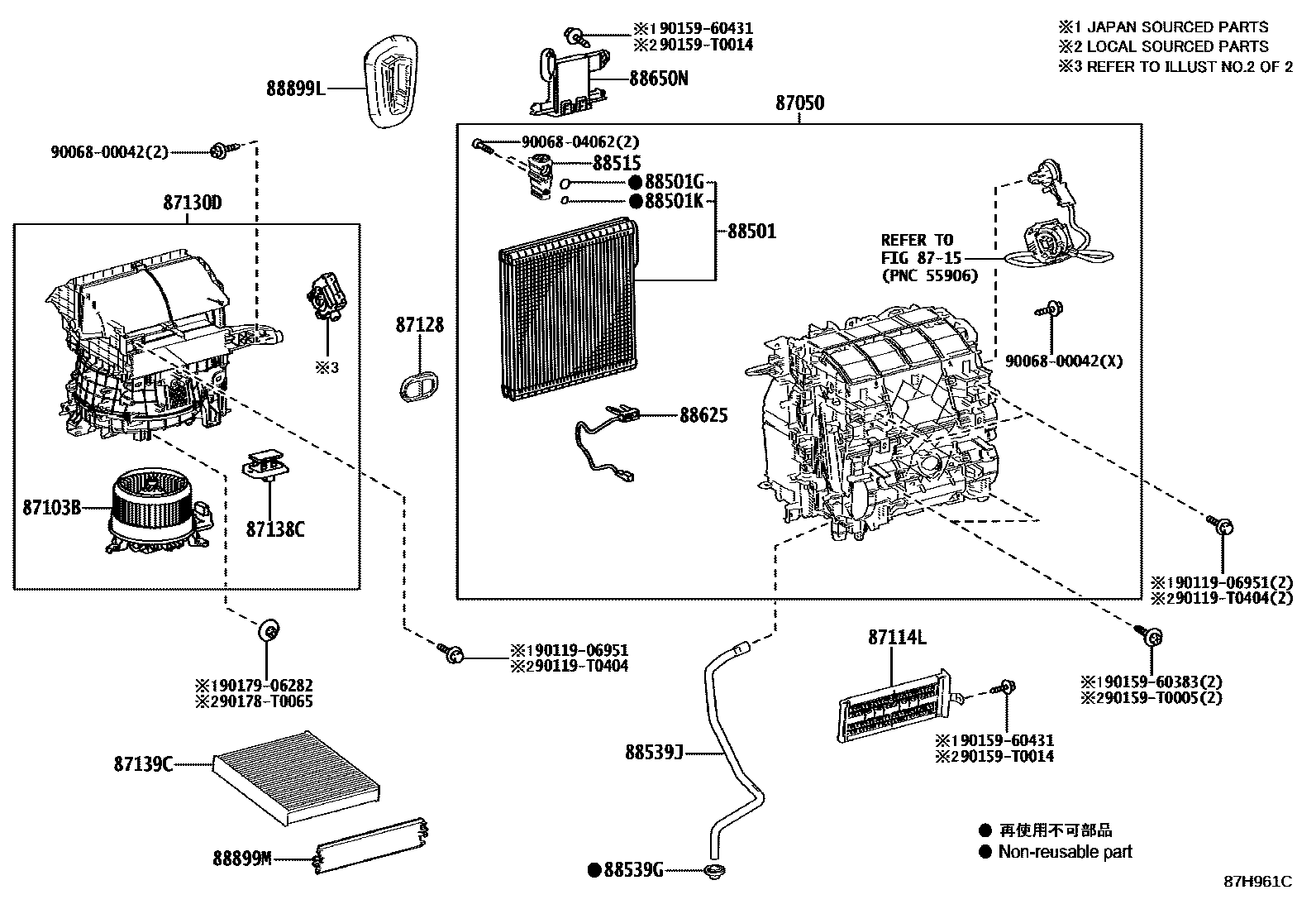 Toyota COROLLA 暖风和空调系统 - 冷却器组件 EPC diagram — 87H961C