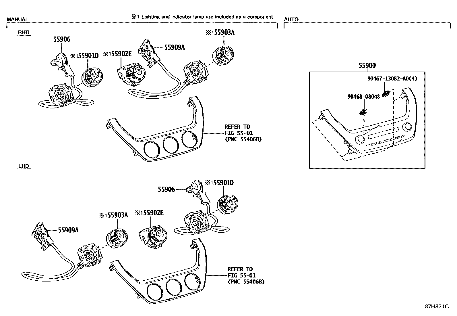 Toyota COROLLA 暖风和空调系统 - 控制器和风管 EPC diagram — 87H821C