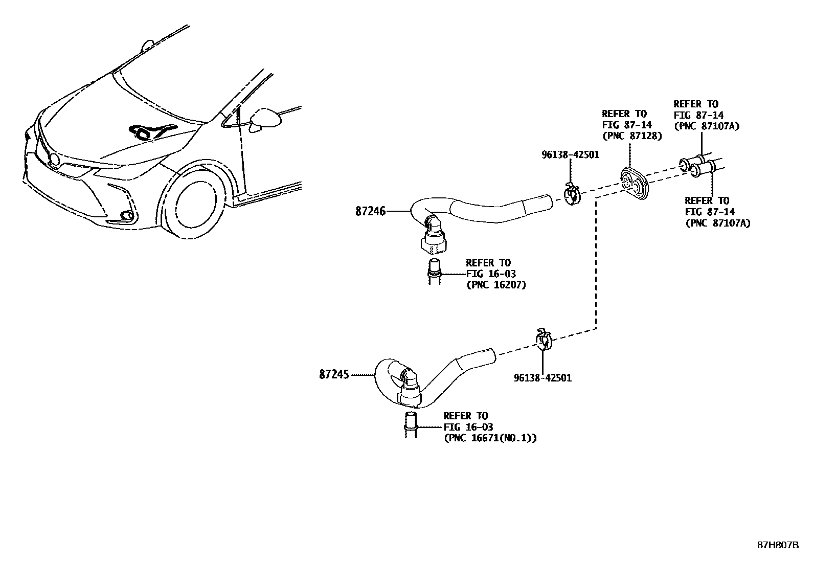 Toyota COROLLA 暖风和空调系统 - 水管 EPC diagram — 87H807B