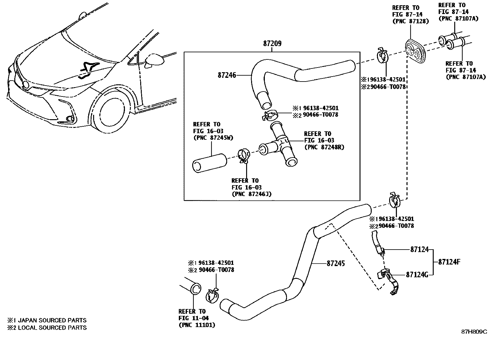 Toyota COROLLA 暖风和空调系统 - 水管 EPC diagram — 87H809C