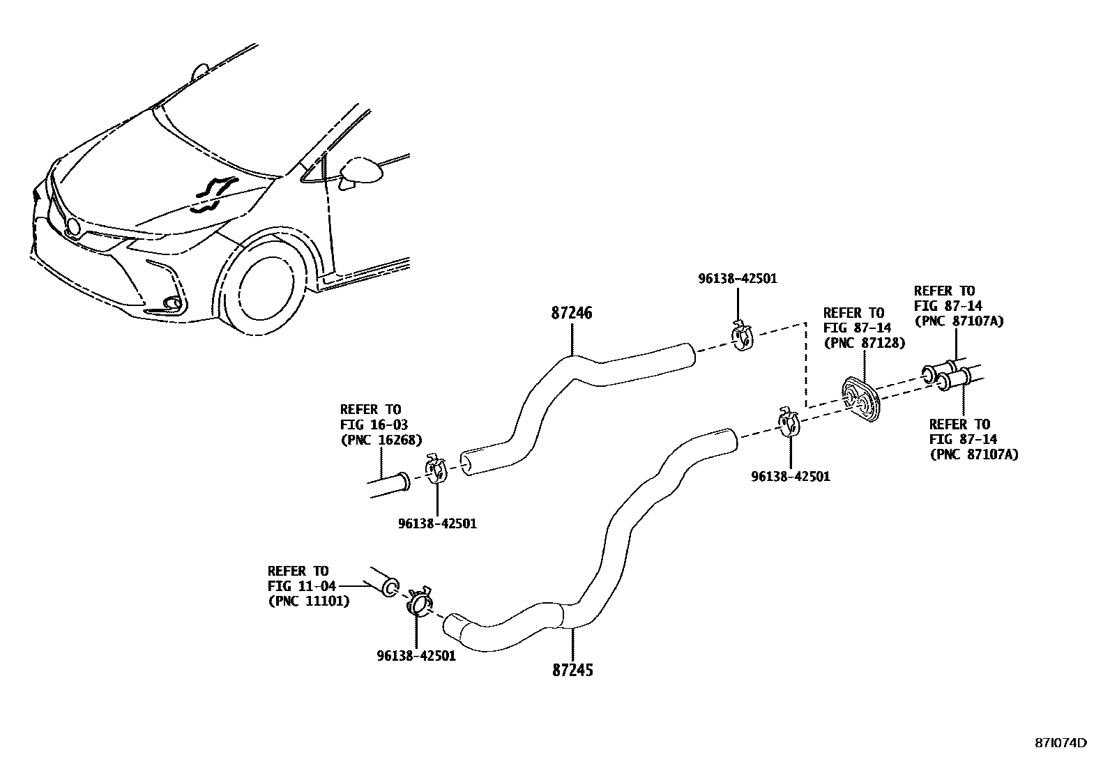 Toyota COROLLA 暖风和空调系统 - 水管 EPC diagram — 87I074D