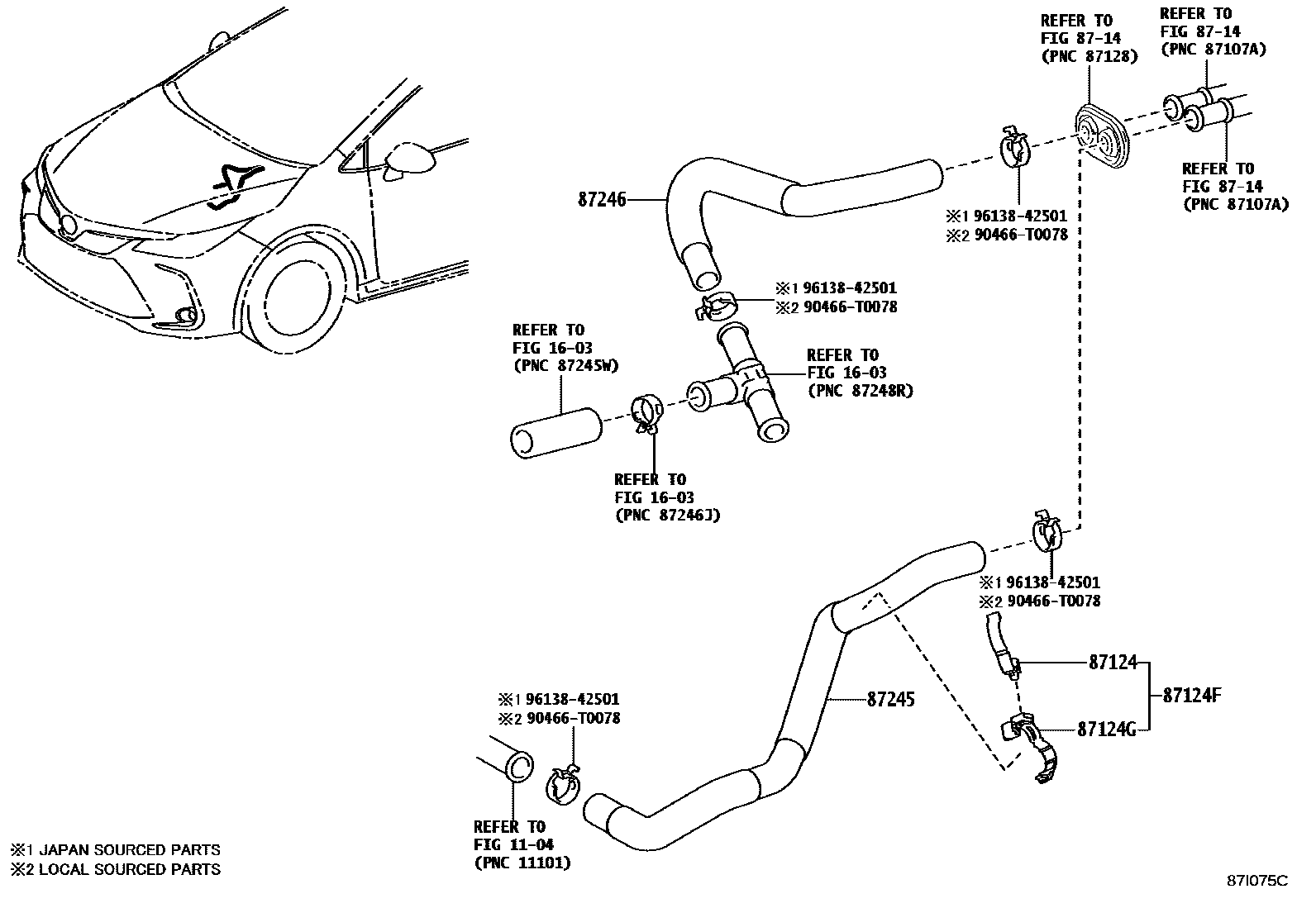 Toyota COROLLA 暖风和空调系统 - 水管 EPC diagram — 87I075C