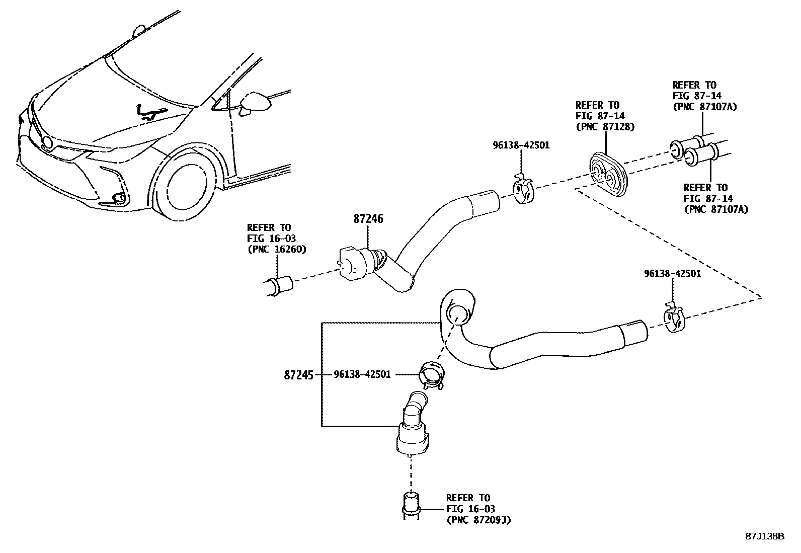 Toyota COROLLA 暖风和空调系统 - 水管 EPC diagram — 87J138B