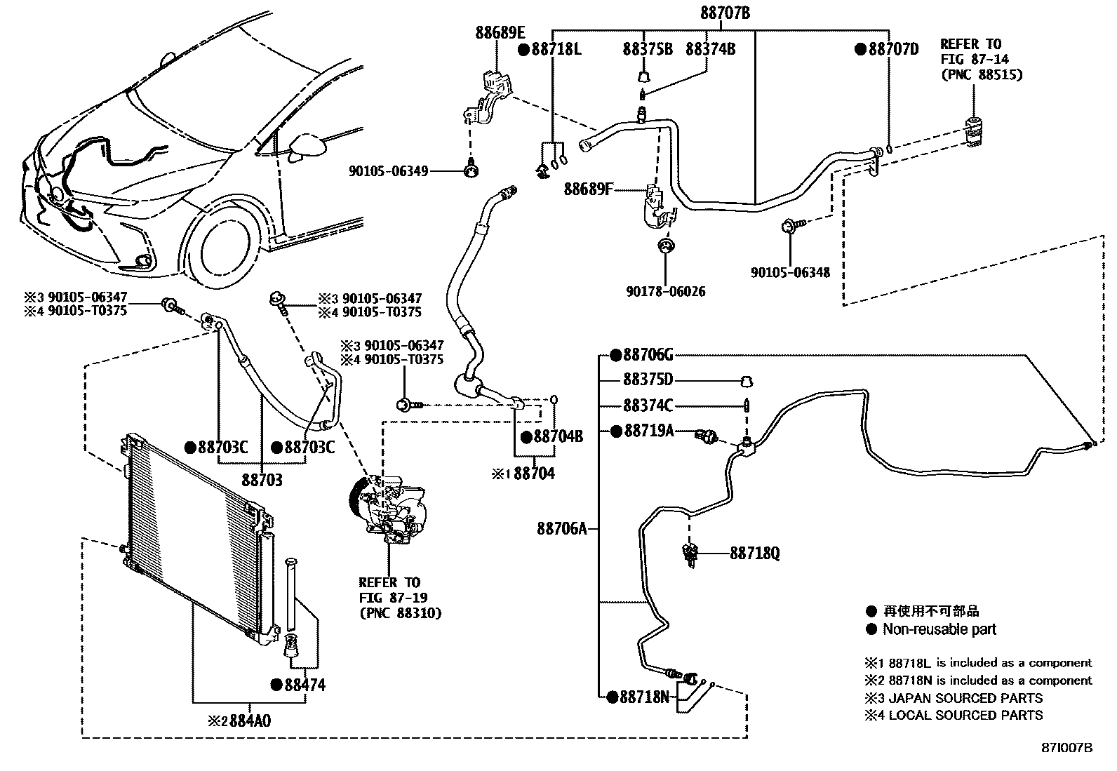 Toyota COROLLA Heating & Air Conditioning - Cooler Piping EPC diagram — 87I007B