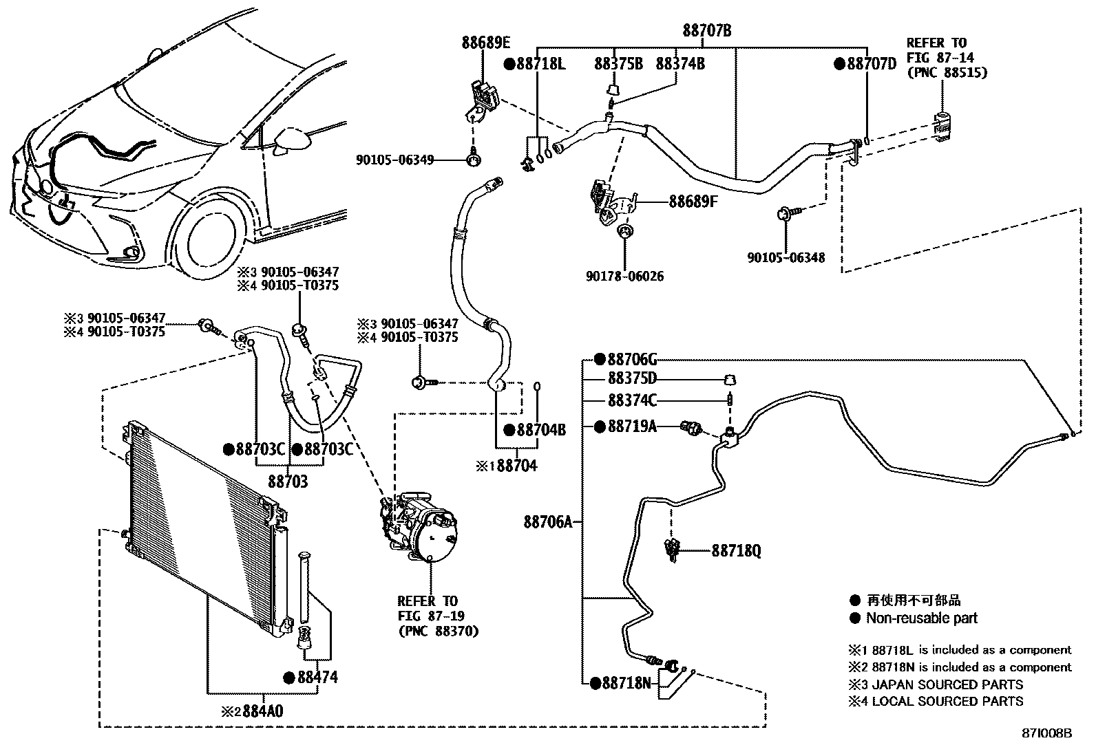 Toyota COROLLA Heating & Air Conditioning - Cooler Piping EPC diagram — 87I008B