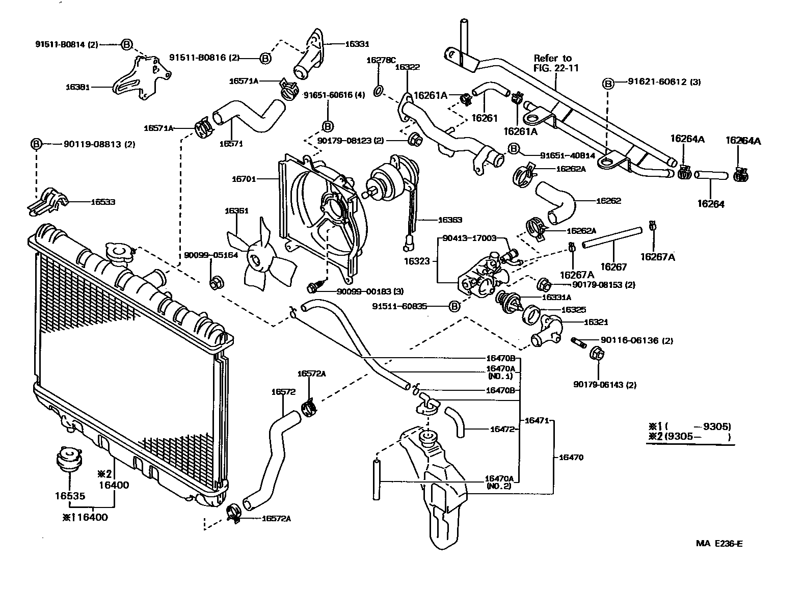 Toyota COROLLA RADIATOR & WATER OUTLET EPC diagram — MAE236E