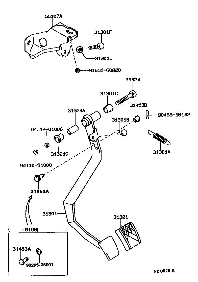Toyota COROLLA 离合器踏板和挠性软管 EPC diagram — NC0025B
