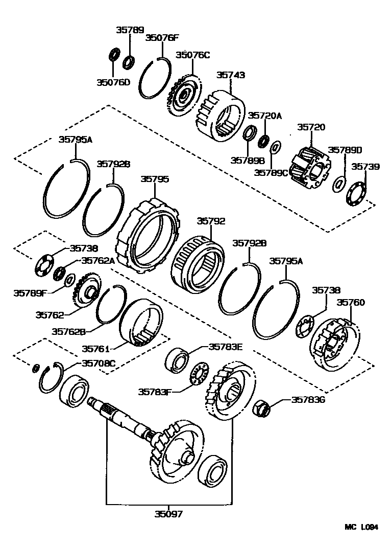 Toyota COROLLA 行星齿轮、倒档活塞和中间轴齿轮(ATM) EPC diagram — MCL094
