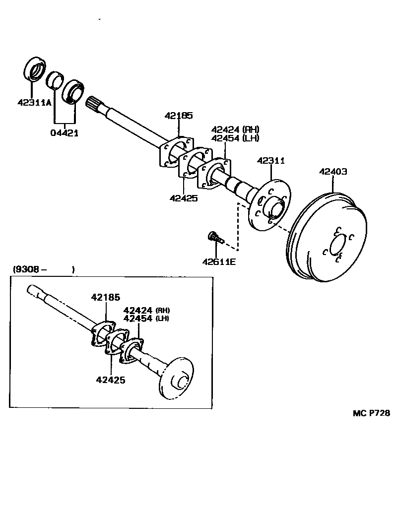 Toyota COROLLA 后桥半轴和后桥轮毂 EPC diagram — MCP728
