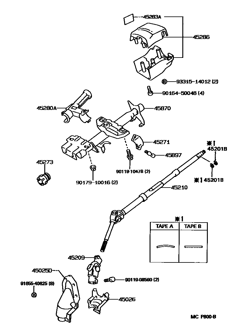 Toyota COROLLA Steering Column & Shaft EPC diagram — MCP800B