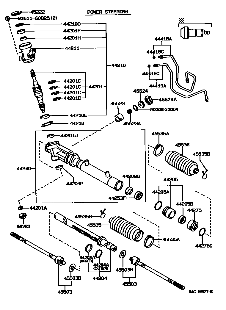 Toyota COROLLA 前转向齿轮和连杆 EPC diagram — MCH977B