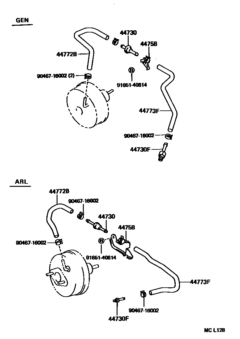 Toyota COROLLA 制动助力器和真空管 EPC diagram — MCL128