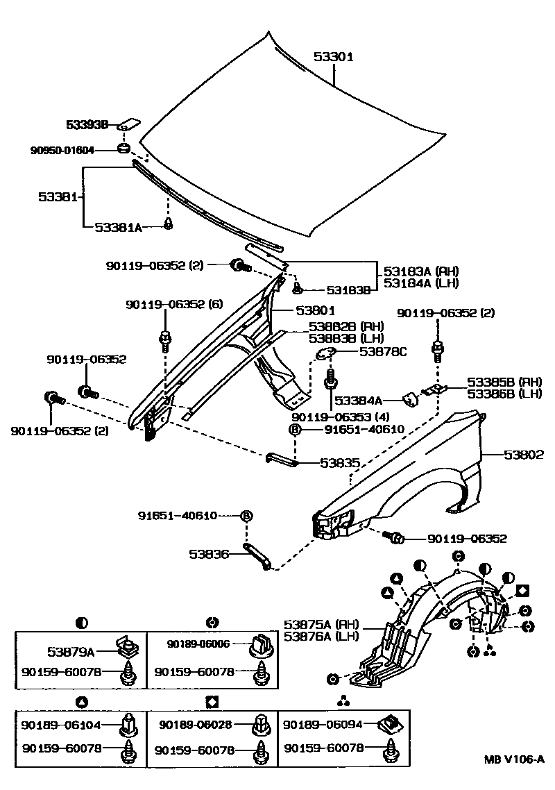 Toyota COROLLA 发动机盖和前翼子板 EPC diagram — MBV106A