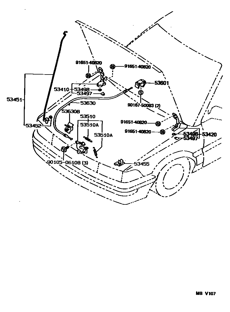 Toyota COROLLA 发动机盖锁和铰链 EPC diagram — MBV107