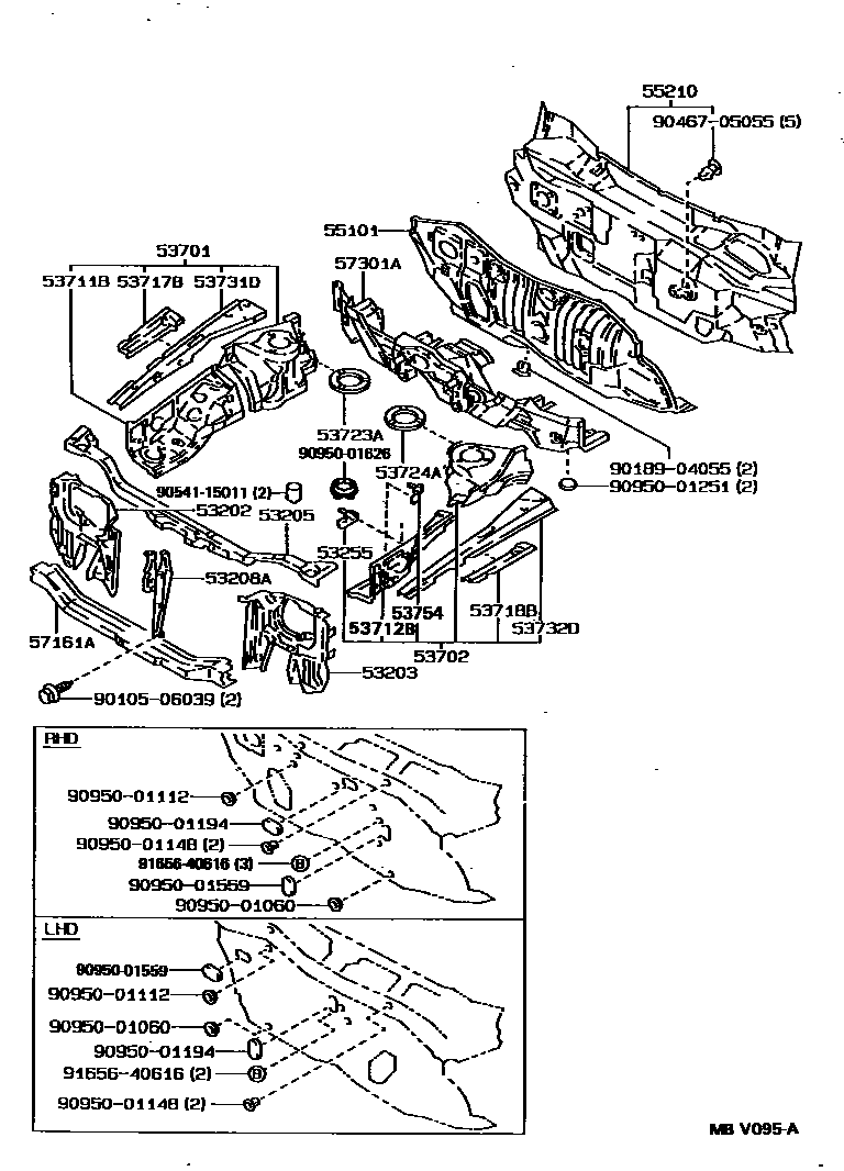 Toyota COROLLA 前翼子板挡泥板和前围板 EPC diagram — MBV095A