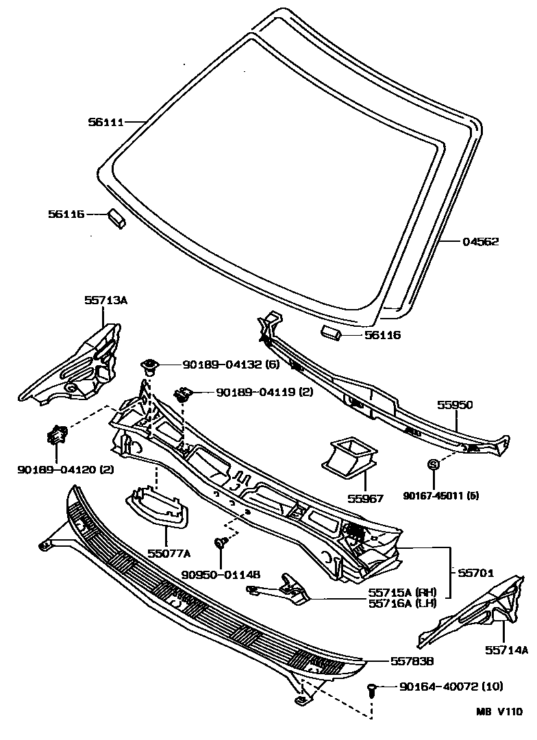 Toyota COROLLA 前围板和挡风玻璃 EPC diagram — MBV110
