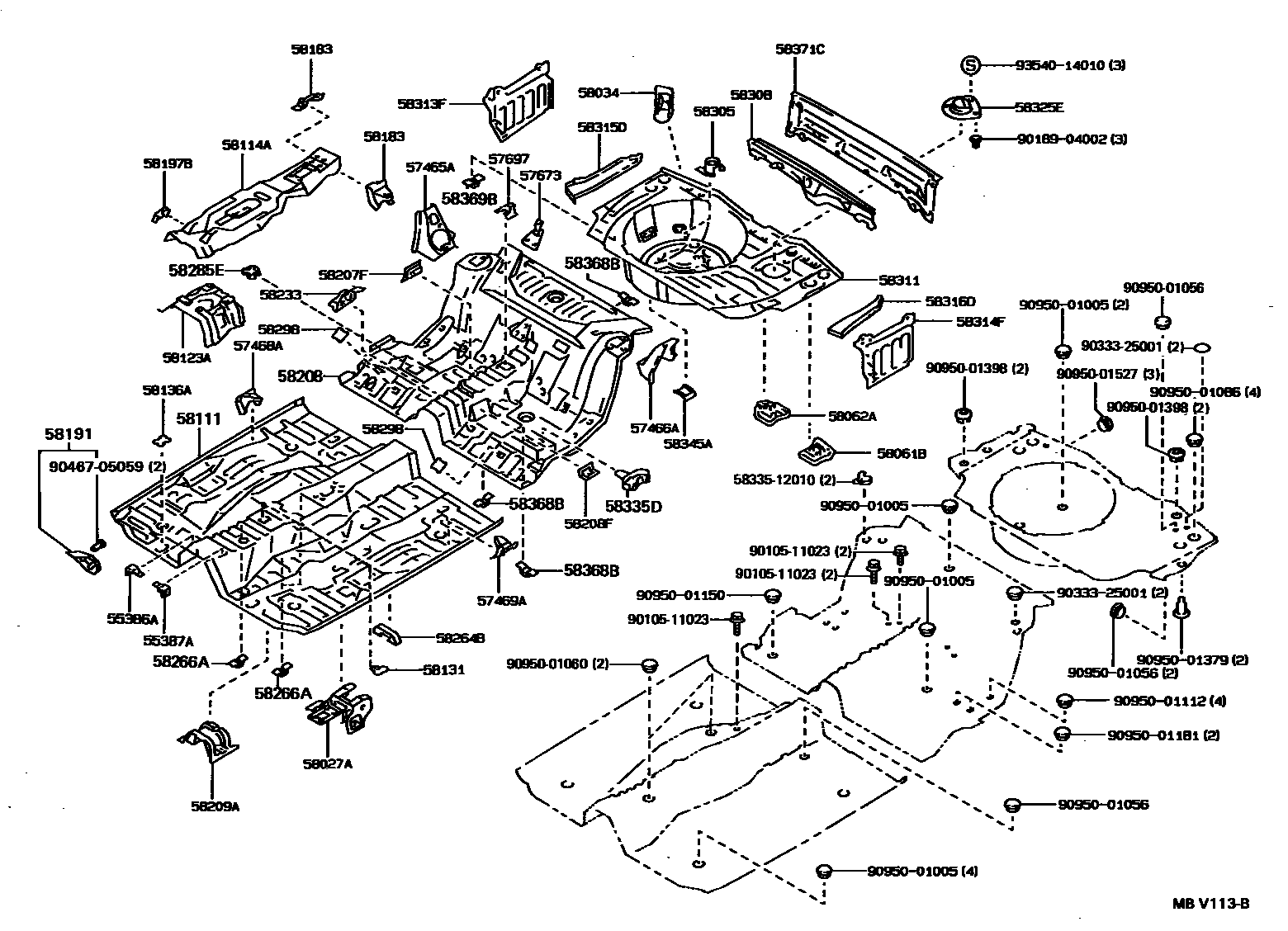 Toyota COROLLA 浅盘形地板和车身下背板 EPC diagram — MBV113B