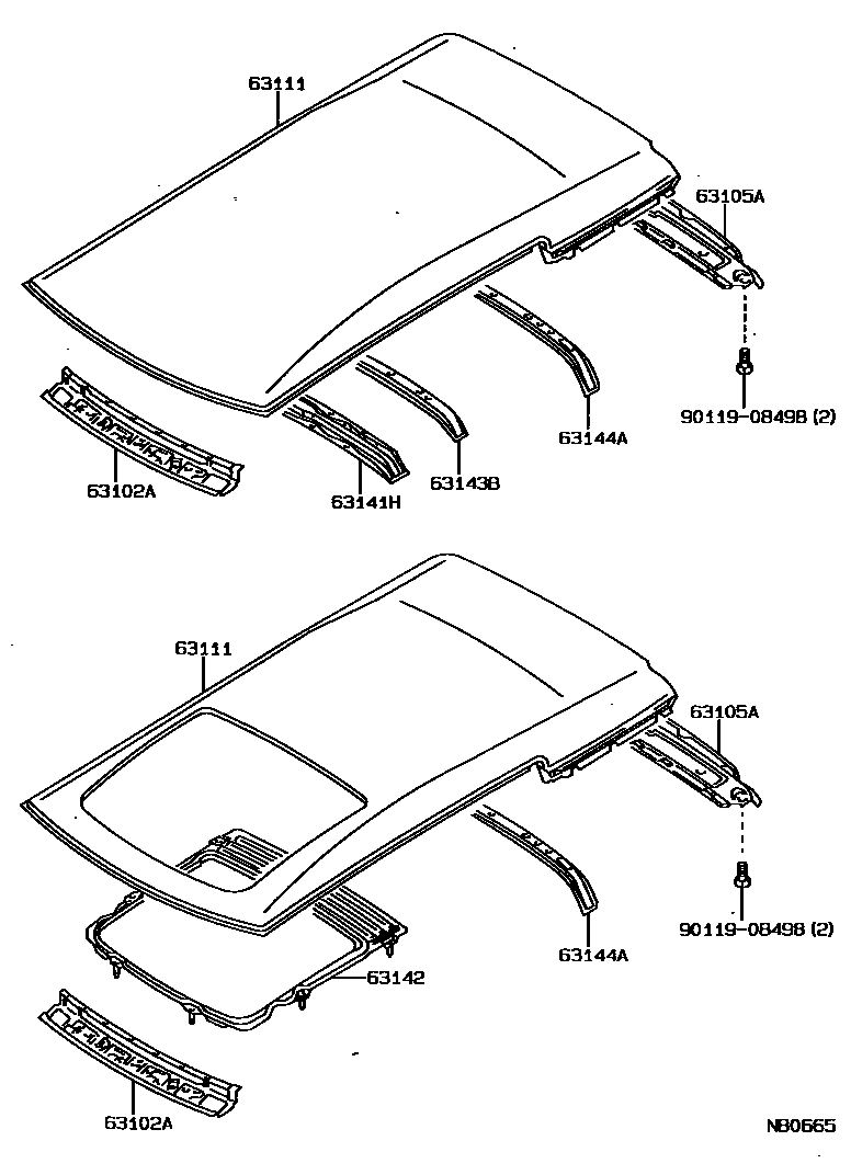 Toyota COROLLA 天窗板和背窗玻璃 EPC diagram — NB0665