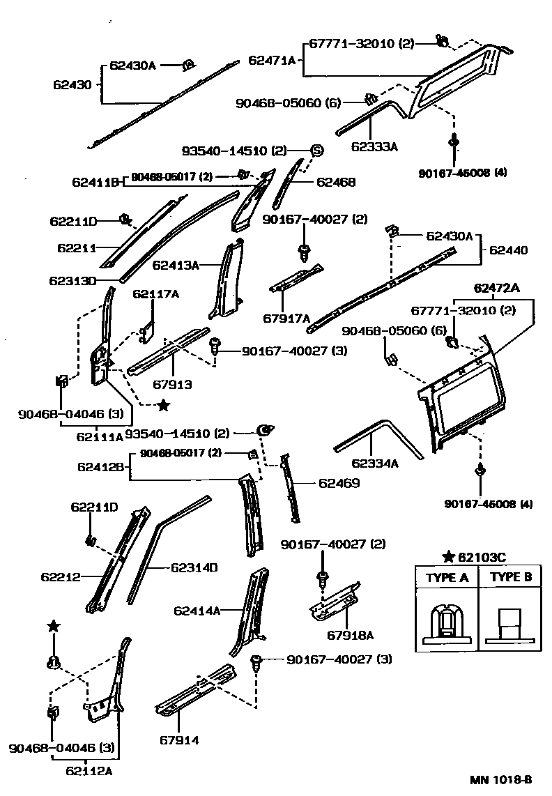 Toyota COROLLA 内饰板和车门防水胶条 EPC diagram — MN1018B