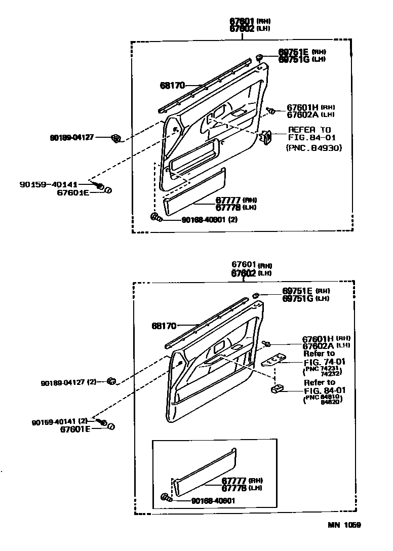 Toyota COROLLA 前门板和前门玻璃 EPC diagram — MN1059