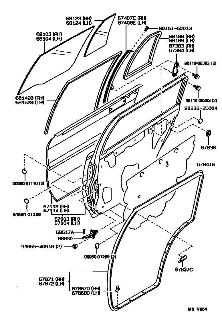 Toyota COROLLA 后门板和后门玻璃 EPC diagram — MBV064