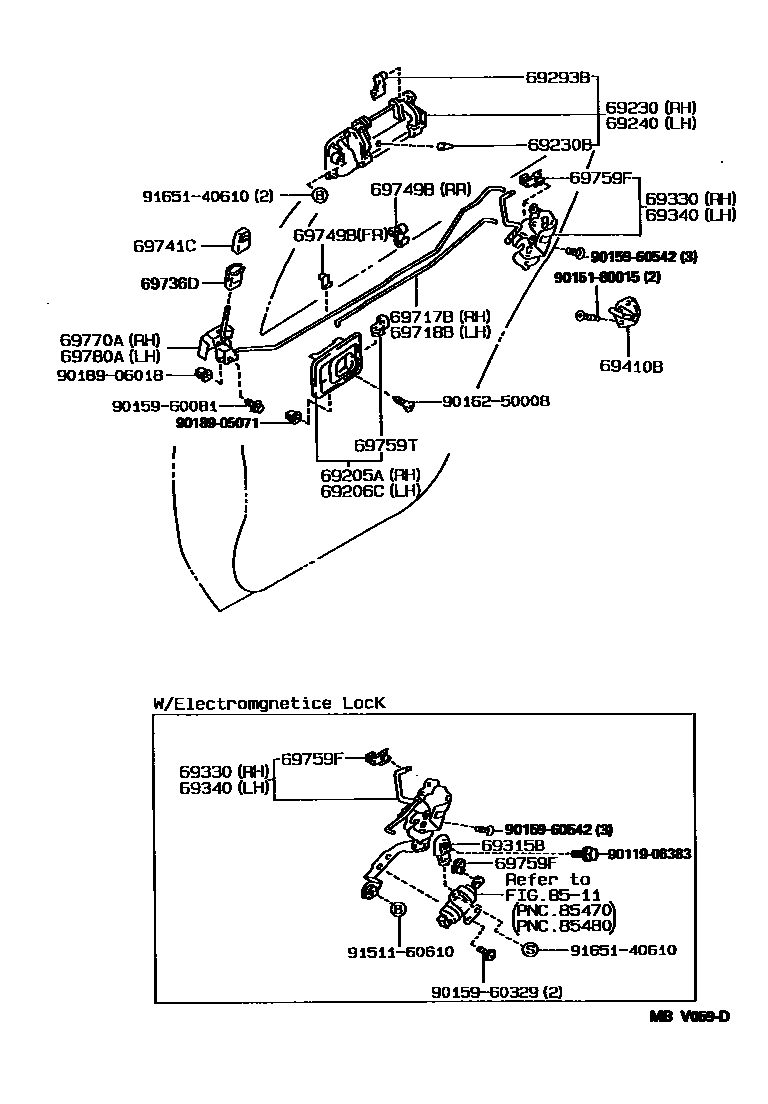 Toyota COROLLA 后门锁和后门把手 EPC diagram — MBV059D