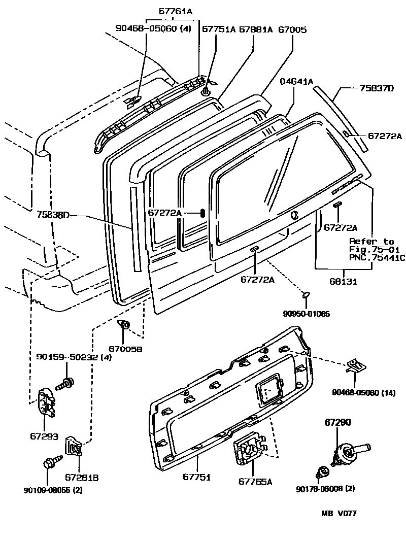 Toyota COROLLA 背门板和背门玻璃 EPC diagram — MBV077