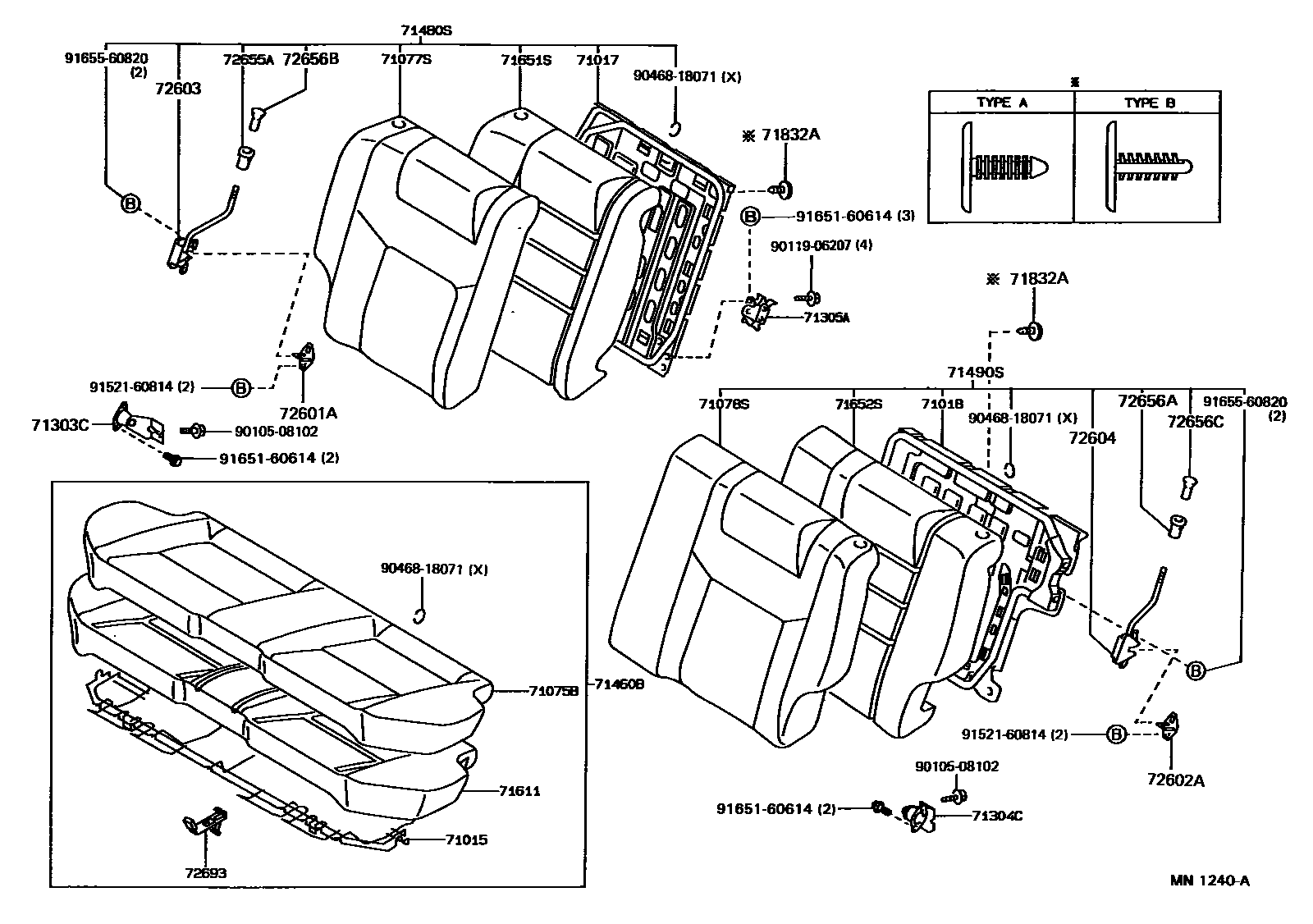Toyota COROLLA 后排座椅和座椅滑轨 EPC diagram — MN1240A