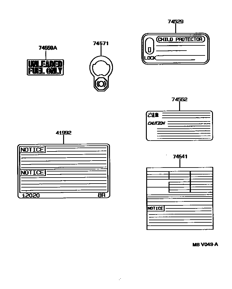 Toyota COROLLA 警示铭牌(车外和车内) EPC diagram — MBV049A