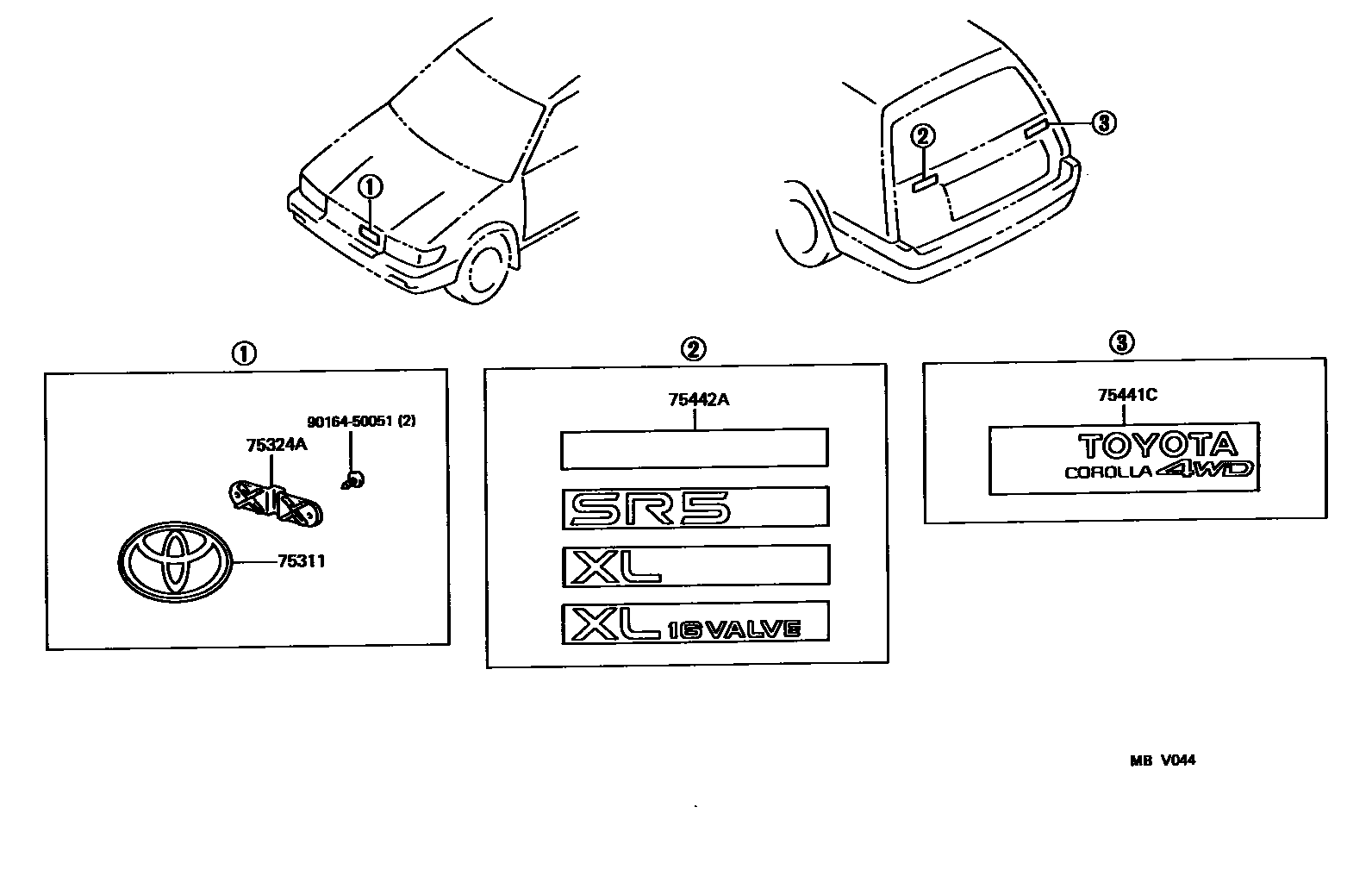 Toyota COROLLA 丰田徽标和铭牌(车外和车内) EPC diagram — MBV044