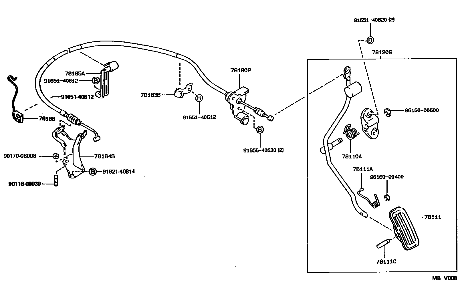 Toyota COROLLA accelerator pedal connecting rod EPC diagram — MBV008