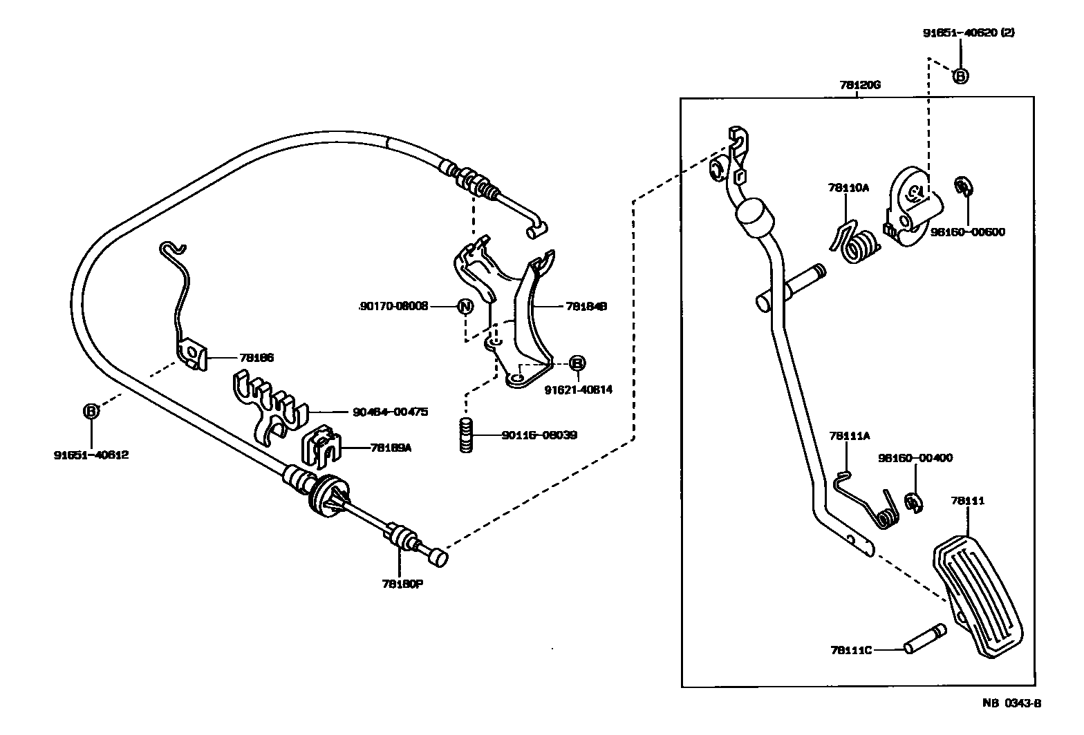 Toyota COROLLA accelerator pedal connecting rod EPC diagram — NB0343B