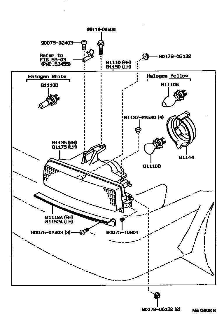 Toyota COROLLA Headlamp EPC diagram — MEQ908B