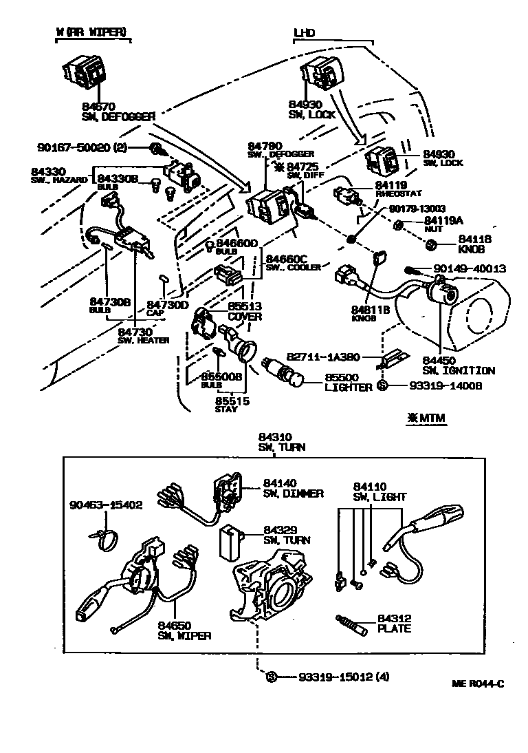 Toyota COROLLA 开关和继电器和ECU EPC diagram — MER044C