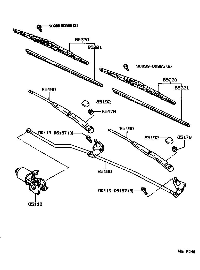 Toyota COROLLA 挡风玻璃刮水器 EPC diagram — MER146