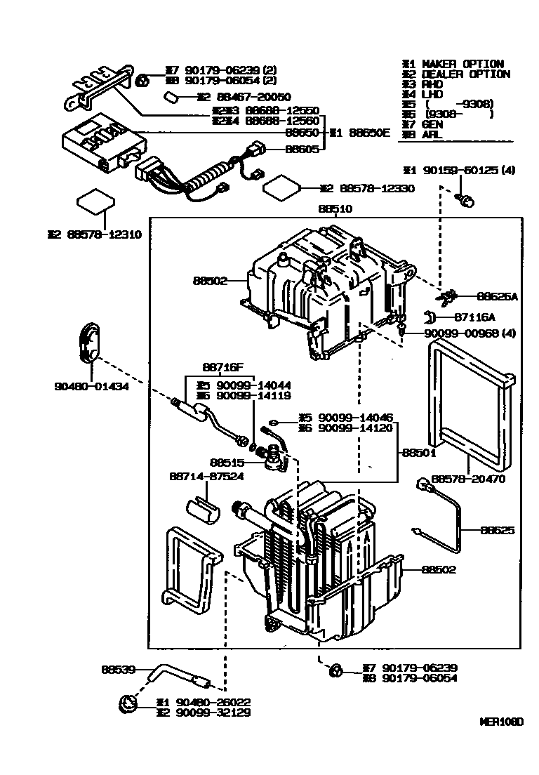 Toyota COROLLA 暖风和空调系统 - 冷却器组件 EPC diagram — MER108D