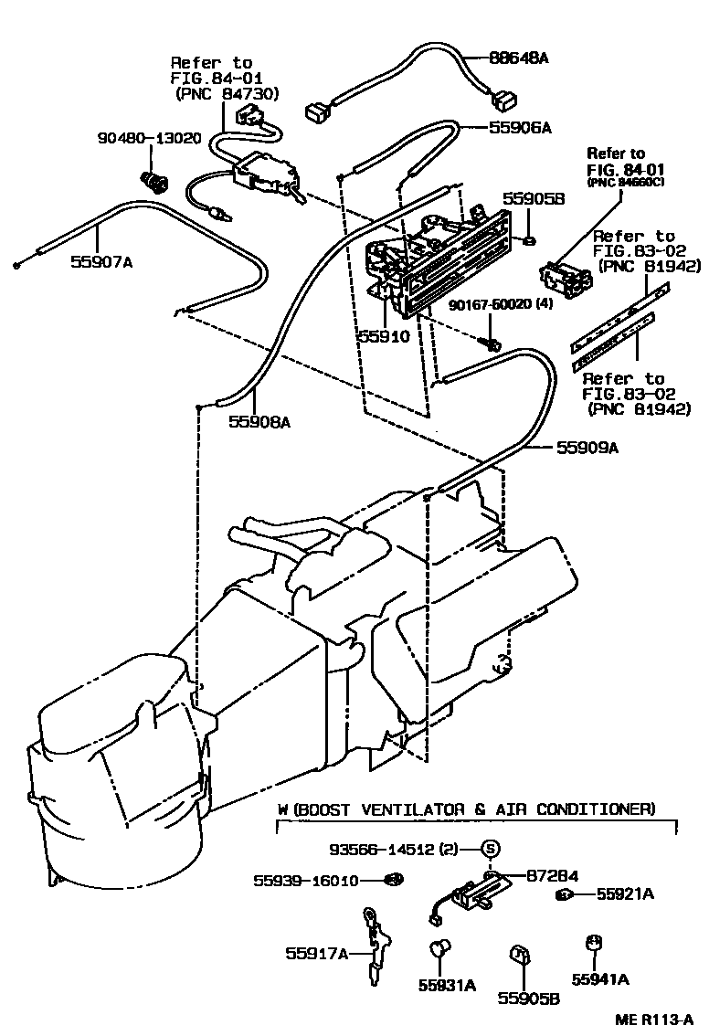 Toyota COROLLA 暖风和空调系统 - 控制器和风管 EPC diagram — MER113A