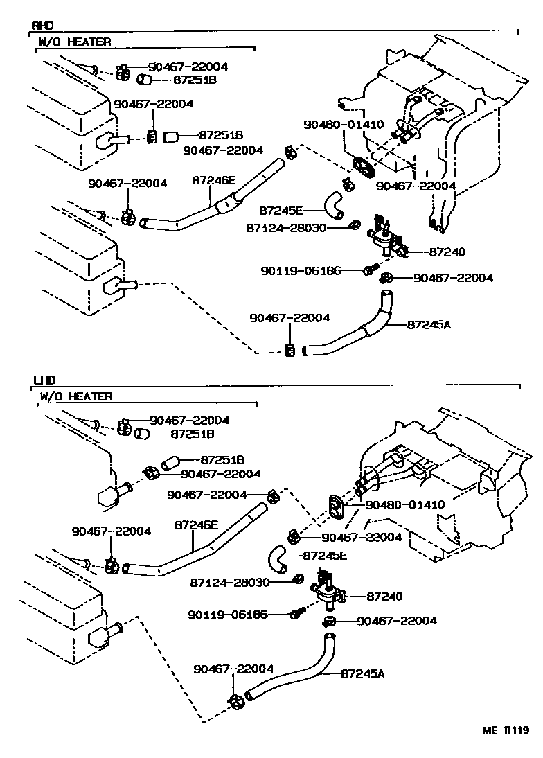 Toyota COROLLA 暖风和空调系统 - 水管 EPC diagram — MER119