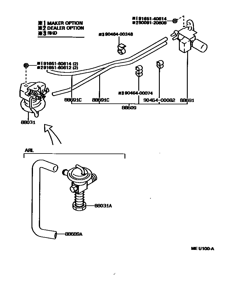 Toyota COROLLA 暖风和空调系统 - 真空管 EPC diagram — MEU100A