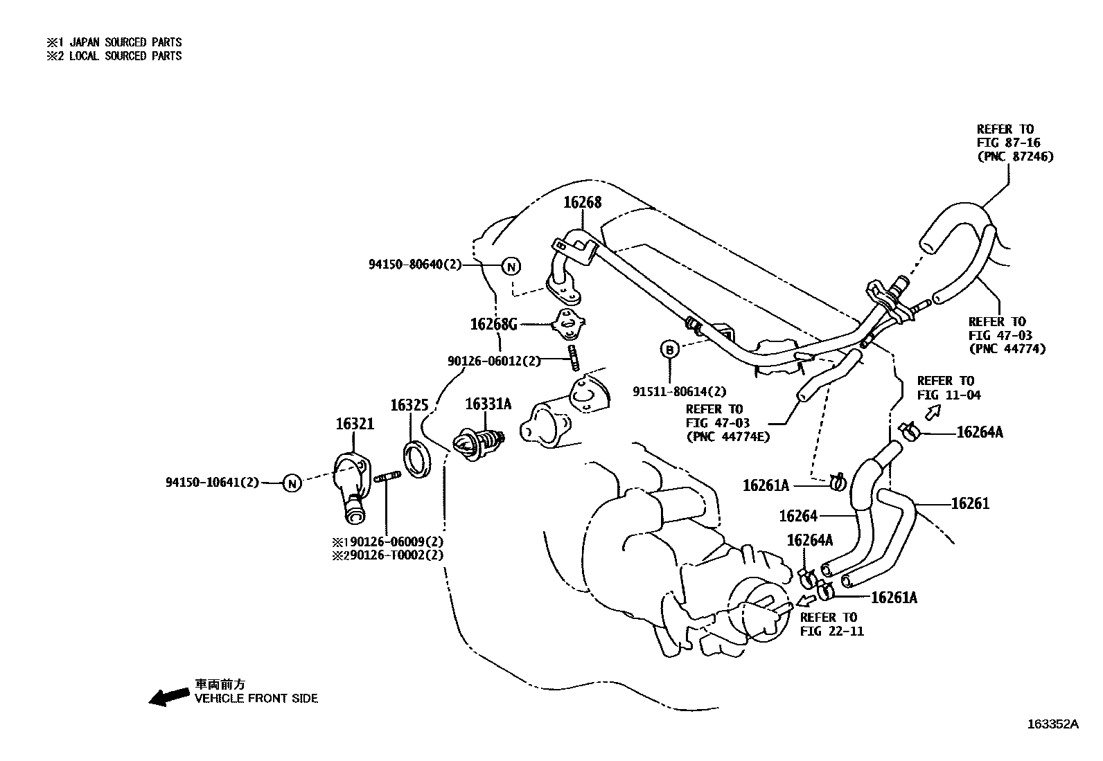 Toyota COROLLA RADIATOR & WATER OUTLET EPC diagram — 163352A