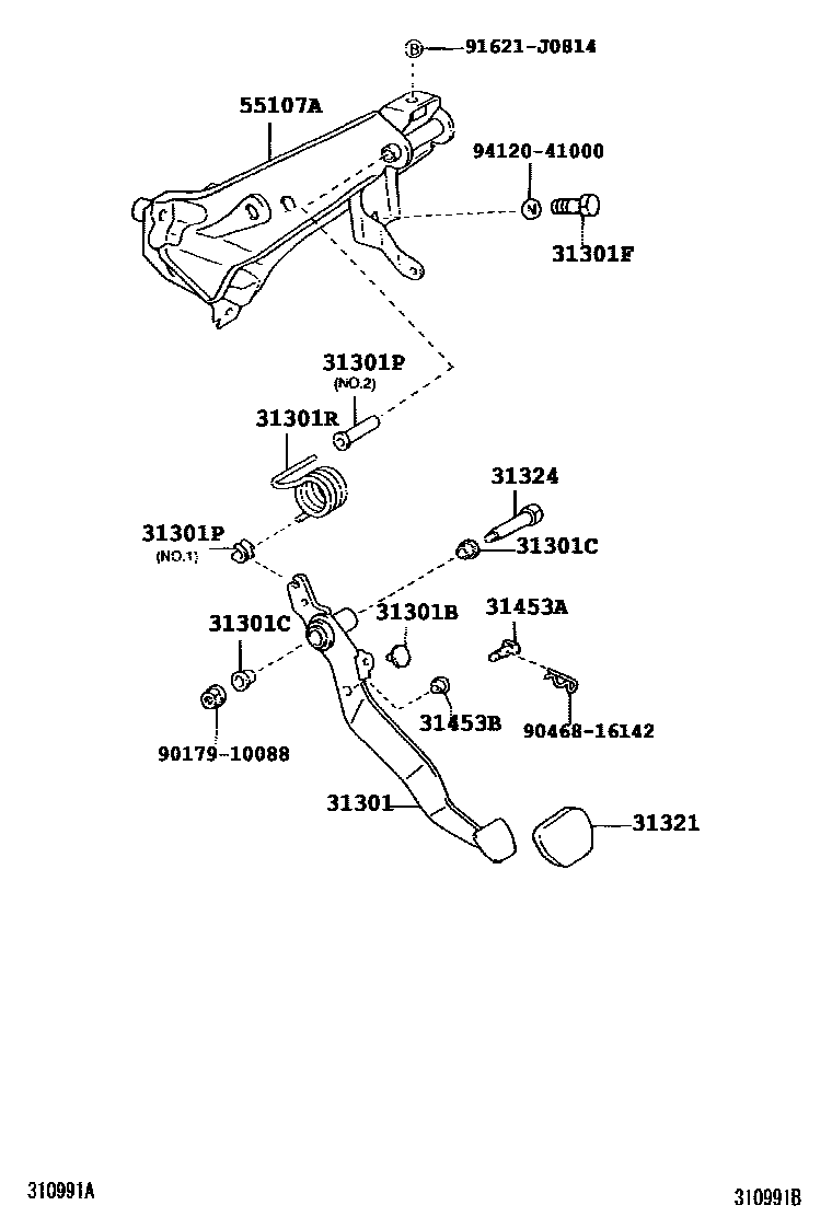 Toyota COROLLA 离合器踏板和挠性软管 EPC diagram — 310991B