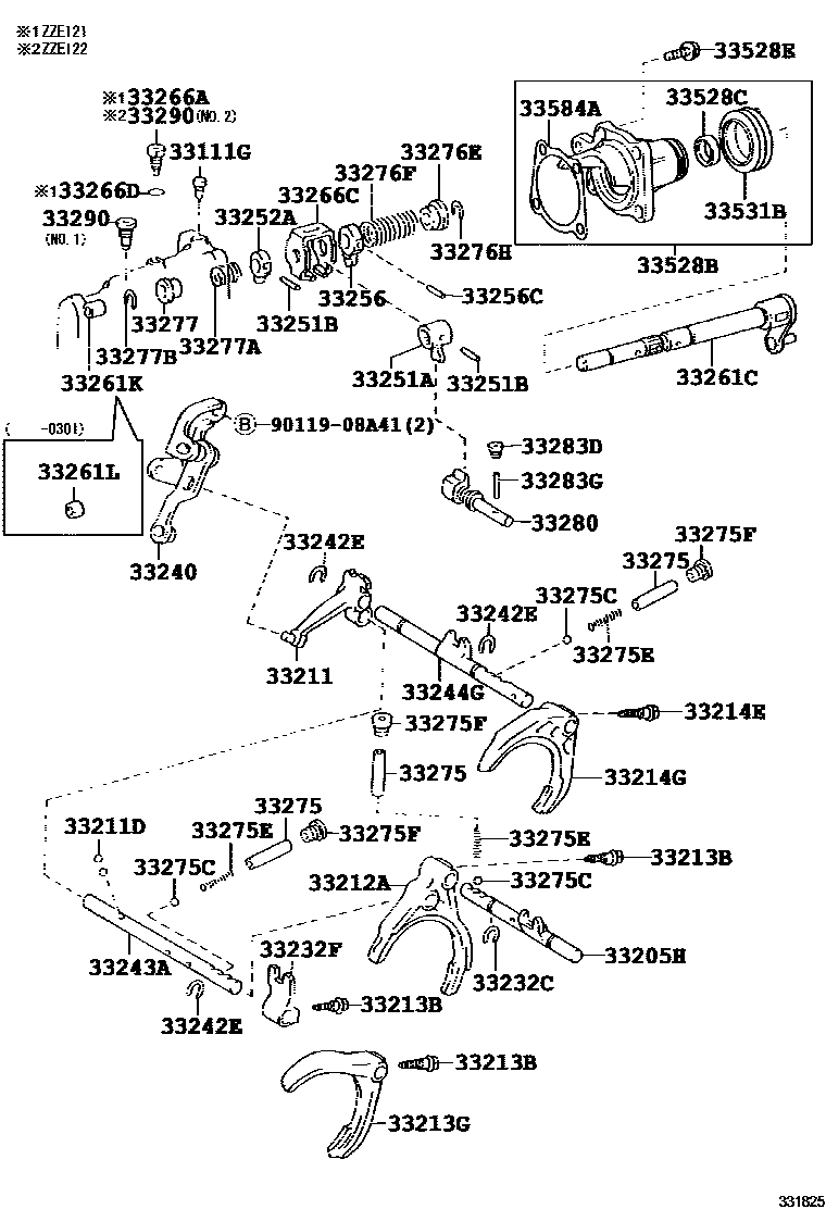 Toyota COROLLA 换档拨叉和换档杆轴(MTM) EPC diagram — 331825B