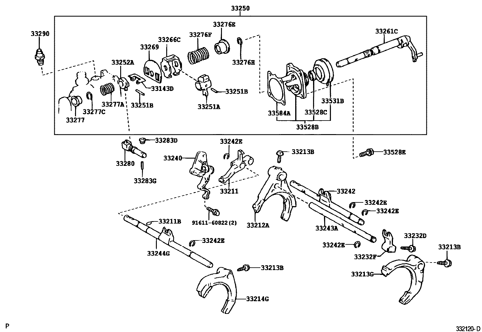 Toyota COROLLA 换档拨叉和换档杆轴(MTM) EPC diagram — 332120D