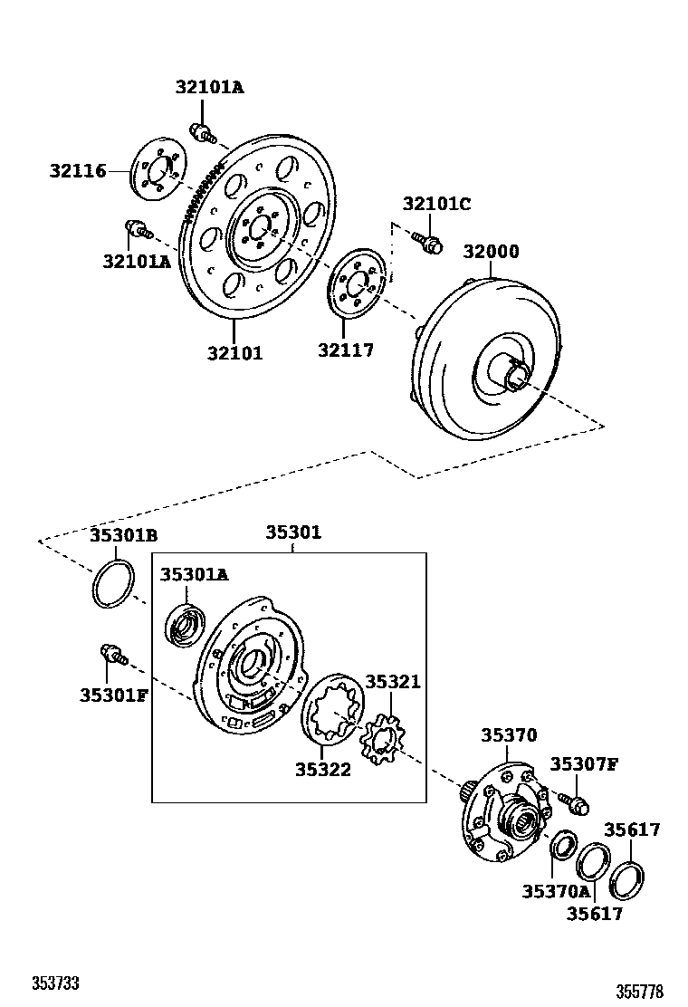 Toyota COROLLA 变矩器、前油泵和链条(ATM) EPC diagram — 355778