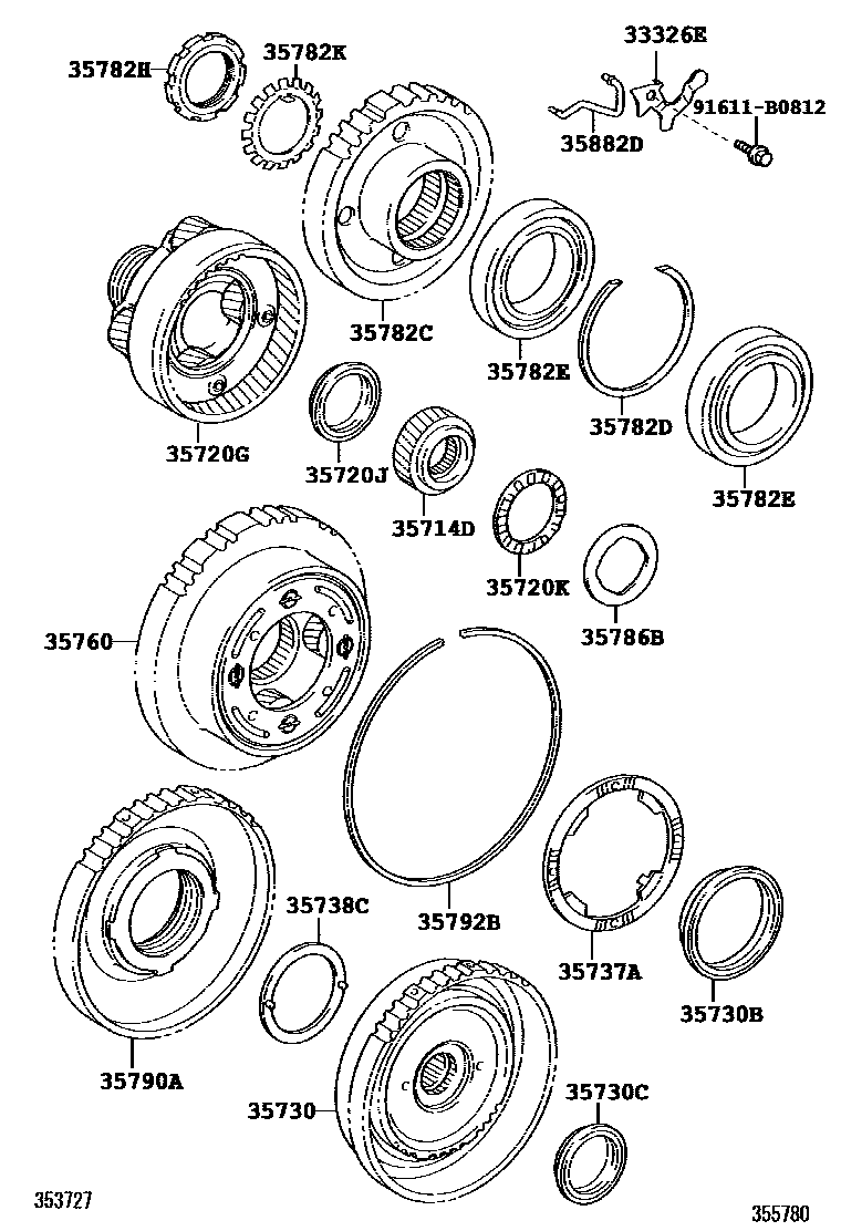 Toyota COROLLA 行星齿轮、倒档活塞和中间轴齿轮(ATM) EPC diagram — 355780